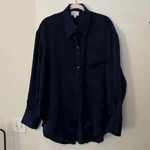 Who What Wear Crinkled Satin Oversized Shirt in Midnight Blue